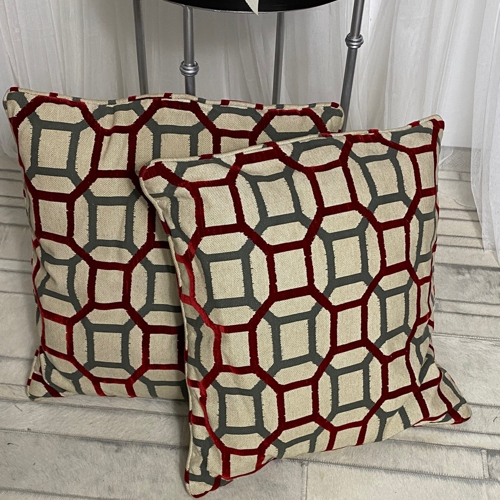 A pair Handmade Geometric Red and Gray on Beige Background Cushion Covers 20x20